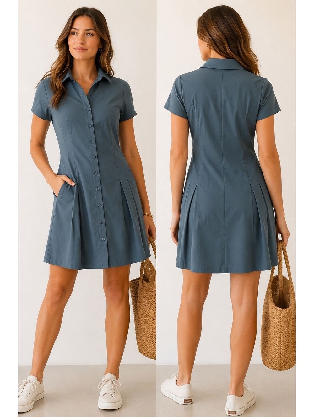 Nine Britton Blue Button-Front Short Sleeve Dress XS